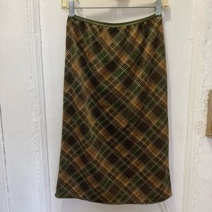 Dark green and gold plaid midi skirt